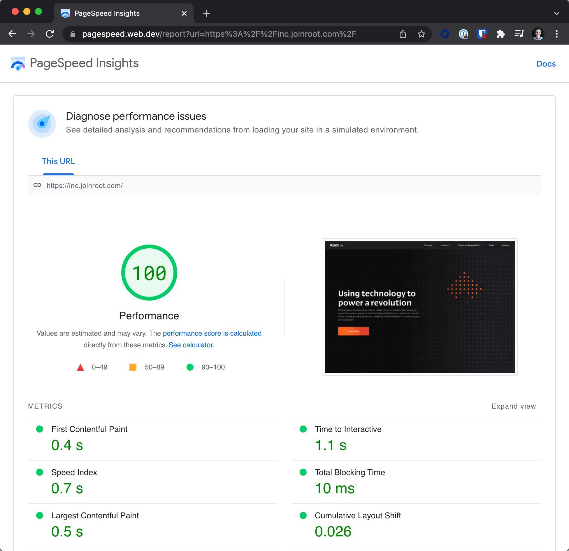 Lighthouse showing a performance score of 100 for inc.joinroot.com