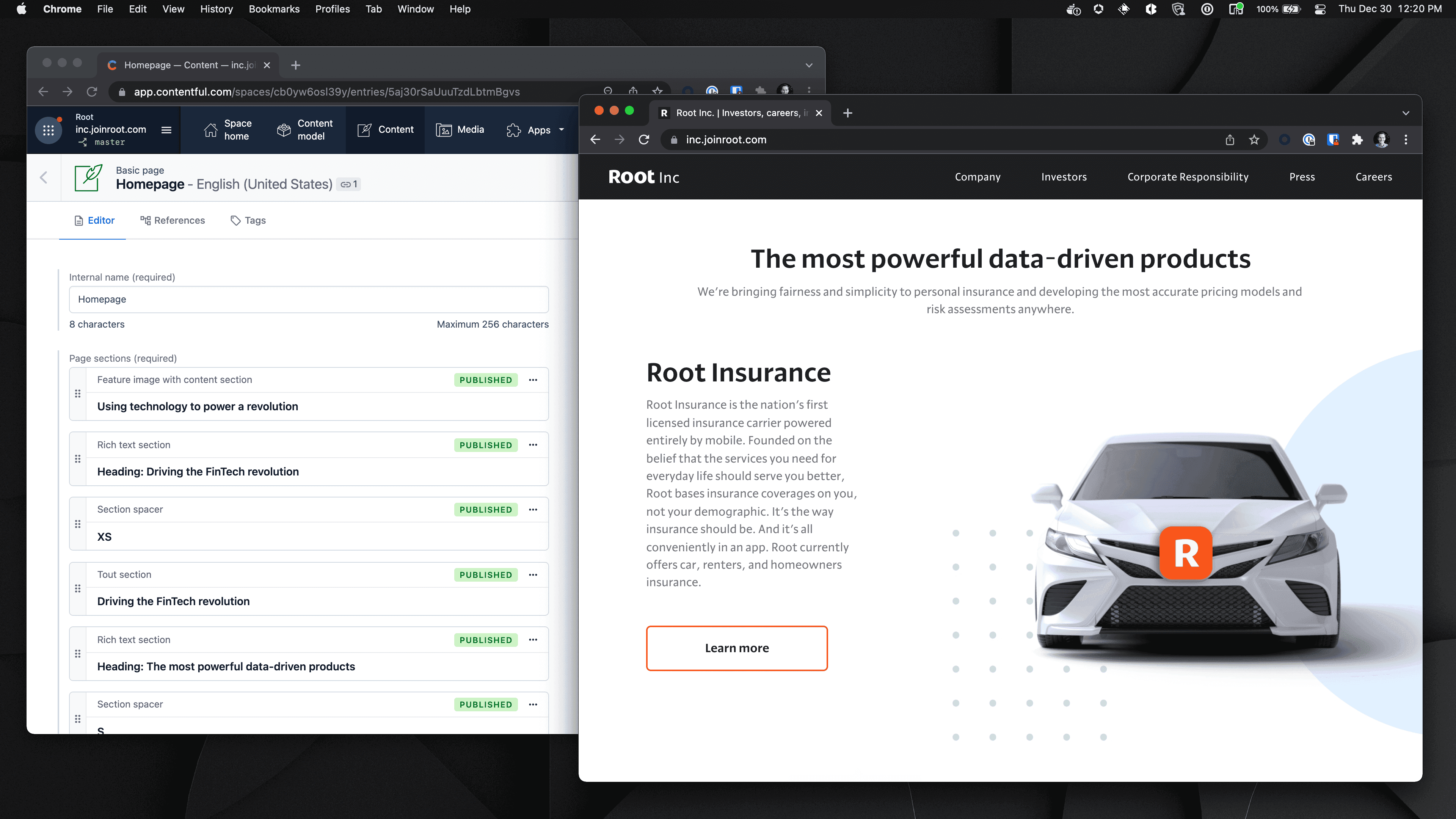 Screenshot of the inc.joinroot.com site and Contentful CMS